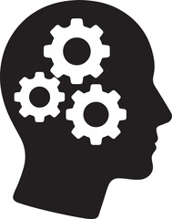 Silhouette vector of gears turning inside a head, representing thinking, intelligence, problem-solving, and innovation.
