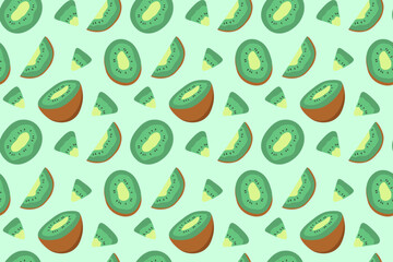 Kiwi seamless pattern on light green background. Hand drawn vector illustration slices of fruit in flat design.