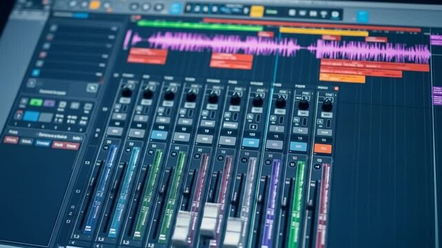 Music production software interface with audio waveforms and mixing console controls in action