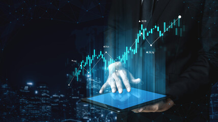 Stock market analysis with candlestick chart and price movement trend line, highlighting global...