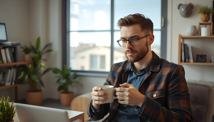 Thoughtful man sitting with a cup of coffee in hands, working at a modern home office