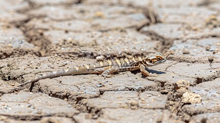 Fototapeta premium Thorny devil lizard crawling across cracked earth, intense texture detail, low sunlight, 2025 trend desert adaptation highlight
