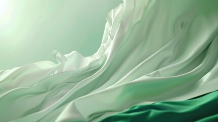 Elegant Saudi National Day design, flying airy silk-textured green and white. Horizontal promotional banner with copy space, free space for text