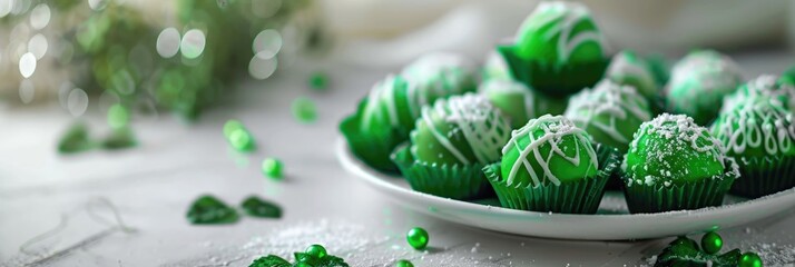 Saudi National Day green cupcakes with white frosting on a light background. Horizontal banner with space for text about the 23rd September celebration