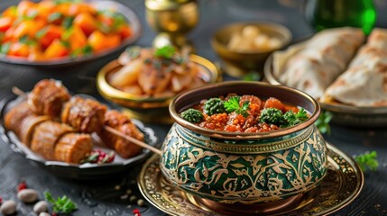 Saudi National Day party, national Arabic cuisine, traditional Saudi dishes in elegant dishes with golden ornaments, festive feast
