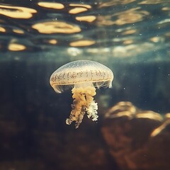 Underwater jellyfish glows softly in peaceful marine background high resolution picture