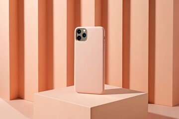 Minimalist Smartphone with Matte Pink Case on Geometric Pedestal in Monochrome Peach Background"

