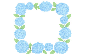 Decorative square frame with blue hydrangeas, green leafage artfully arranged against transparent backdrop for elegant design projects