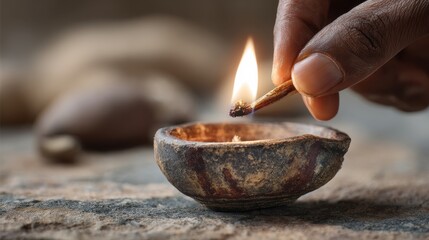 Lighting a traditional oil lamp with a matchstick in a close-up scene symbolizing spiritual awakening, ancient rituals, and biblical storytelling during early night hours