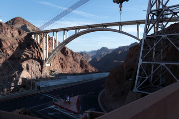 Road junction at Hoover Dam and reinforced concrete structures close-up