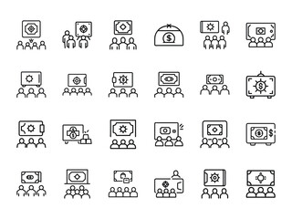 Set of Vault and Currency Presentation Line Icons – Black Silhouettes on White Background for Finance Training, Banking, and Investment UI Design

