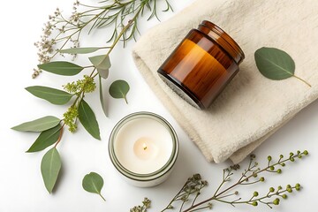 Overhead View of Spa Essentials with Aromatherapy Candle, Towel, Amber Jar, and Eucalyptus Leaves on White Background"
