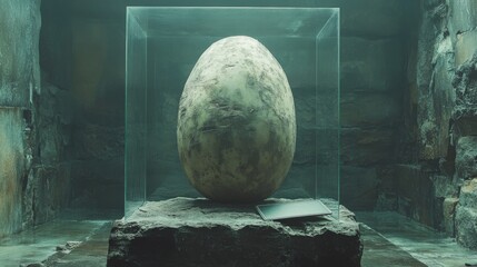 A large, round object is sitting on a stone slab inside a glass case