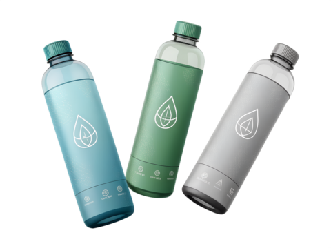 Floating water bottle mockup minimal matte psd with 3 stylish colors tilted view
