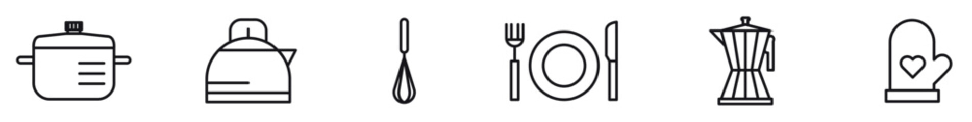 Culinary tools icons set  outline, kitchen and cooking utensils symbols, Linear kitchen utensils. vector illustration