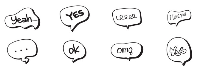 A collection of doodles featuring hand drawn speech bubbles isolated on a white background, Collection of hand drawn comic speech bubbles
vector illustration