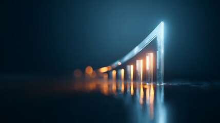 Glowing bar graph showing upward trend on a reflective surface in a dark blue environment