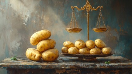A painting of a scale with a pile of potatoes on one side