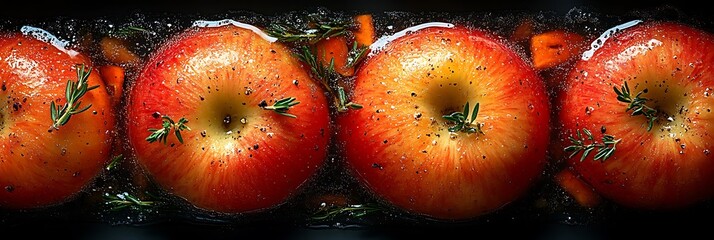 Ripe apples floating in thick sugar syrup, seasoned with aromatic sprigs of rosemary. Homemade culinary masterpiece. Banner, background, post on social networks, culinary blog, recipe, cooking tips 