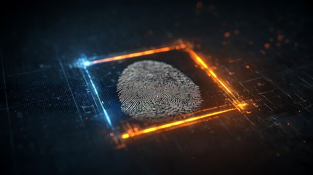 Digital fingerprint with glowing square frame on a dark surface representing security technology