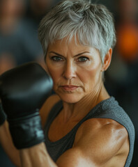 older woman with short gray hair is shadowboxing in gym, showcasing strength and determination. Her focused expression highlights her dedication to fitness and boxing
