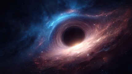 Naklejka premium An awe-inspiring view showcases a supermassive black hole at the center with swirling nebulae in vibrant hues of blue and pink. Stars twinkle in the vastness of space, creating a mesmerizing sight