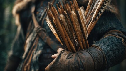 In a dense forest, a skilled archer stands confidently, gripping a decorated bundle of arrows. The sunlight filters through the trees, illuminating the craftsmanship of the arrows
