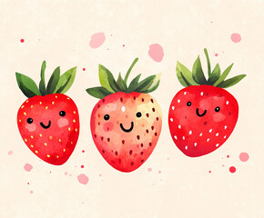 Cute and colorful illustration of smiling strawberries with green leaves, perfect for children decor or food related designs