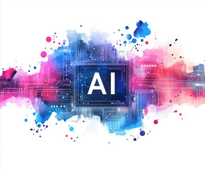 Abstract circuit board background with AI in vibrant colors, showcasing blend of blue, pink, and purple watercolor effects. This artistic representation highlights technology and creativity