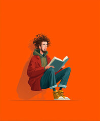 young man with curly hair sits on ground, reading book. He wears red jacket, green hoodie, and yellow sneakers against vibrant orange background