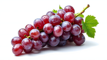 Fresh red grape cluster with green leaf on white background, vibrant and juicy fruit ready for healthy eating or wine making