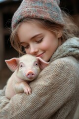A young girl is holding a pig in her arms