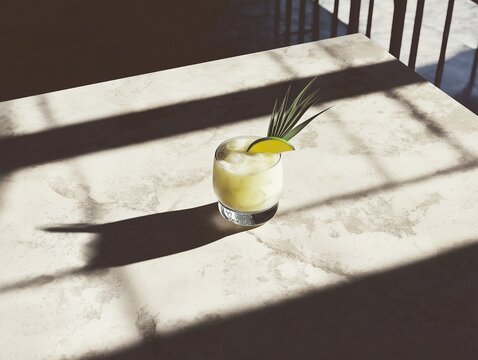 Creamy pina colada cocktail with lime on neutral stone background, top view.