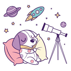 An adorable Cartoon pup with a Peaceful vibe, hugging a pillow, and a Starlight Mix Galaxy Dreams theme – SVG style