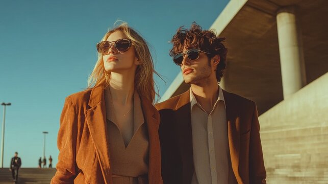 Stylish couple outdoors, posing in sunglasses against a bright blue sky and concrete architecture. Elegant and fashionable.