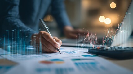 Person analyzing financial data with pen, charts, calculator, and digital overlay on a desk surface