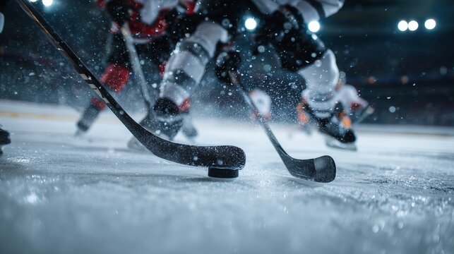 Ice hockey players in action on rink, showcasing dynamic movement and intensity, with sticks and ice spray creating an energetic atmosphere during a competitive game