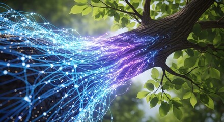 digital network flowing through an organic tree trunk, blending nature and technology