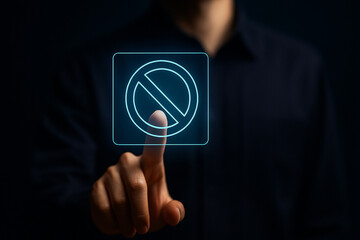 Businessman Touching Virtual No Entry Symbol on Futuristic Digital Interface Screen with Glowing Hologram in Dark Professional Background