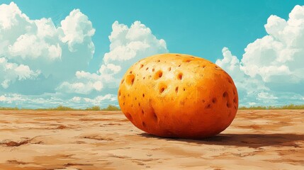 A large orange potato sits on a dry, barren field