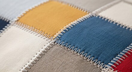 colorful patchwork fabric close up with zig zag stitching texture in blue, yellow, red, and neutral tones, textile background