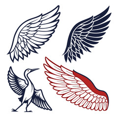 Set of wings icons. Wings icons. Bird wings, angel wings elements. Wing collection in different shape. Wings badges. Vector illustration	
