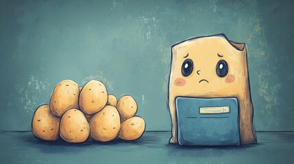 A cartoon of a potato pile and a sad looking character with a blue bag