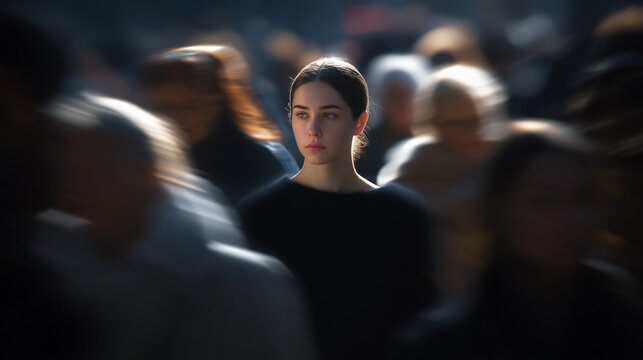 A person standing alone in a busy crowd, focusing on identity and society. The contrast of individualism against the motion of the crowd highlights themes of loneliness, connection, and modern life.