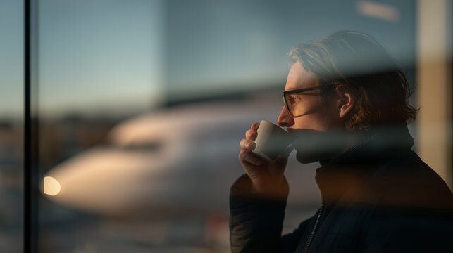 A businessman enjoying a cup of coffee in an airport lounge, gazing out the large window with an airplane reflection. The calm, reflective moment captures a break during a busy business trip.