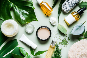 Natural beauty products and fresh green leaves arranged on a light green background