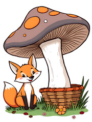 A cartoon fox is sitting on the grass next to a mushroom