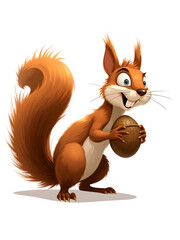 A cartoon squirrel is holding a nut in its mouth