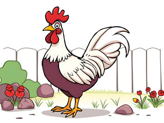 A cartoon chicken with a red beak stands in a garden