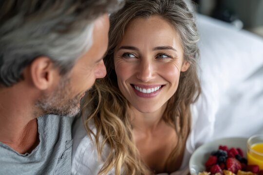 Couple enjoying breakfast in bed with fresh fruit and juice in cozy setting - Powered by Adobe